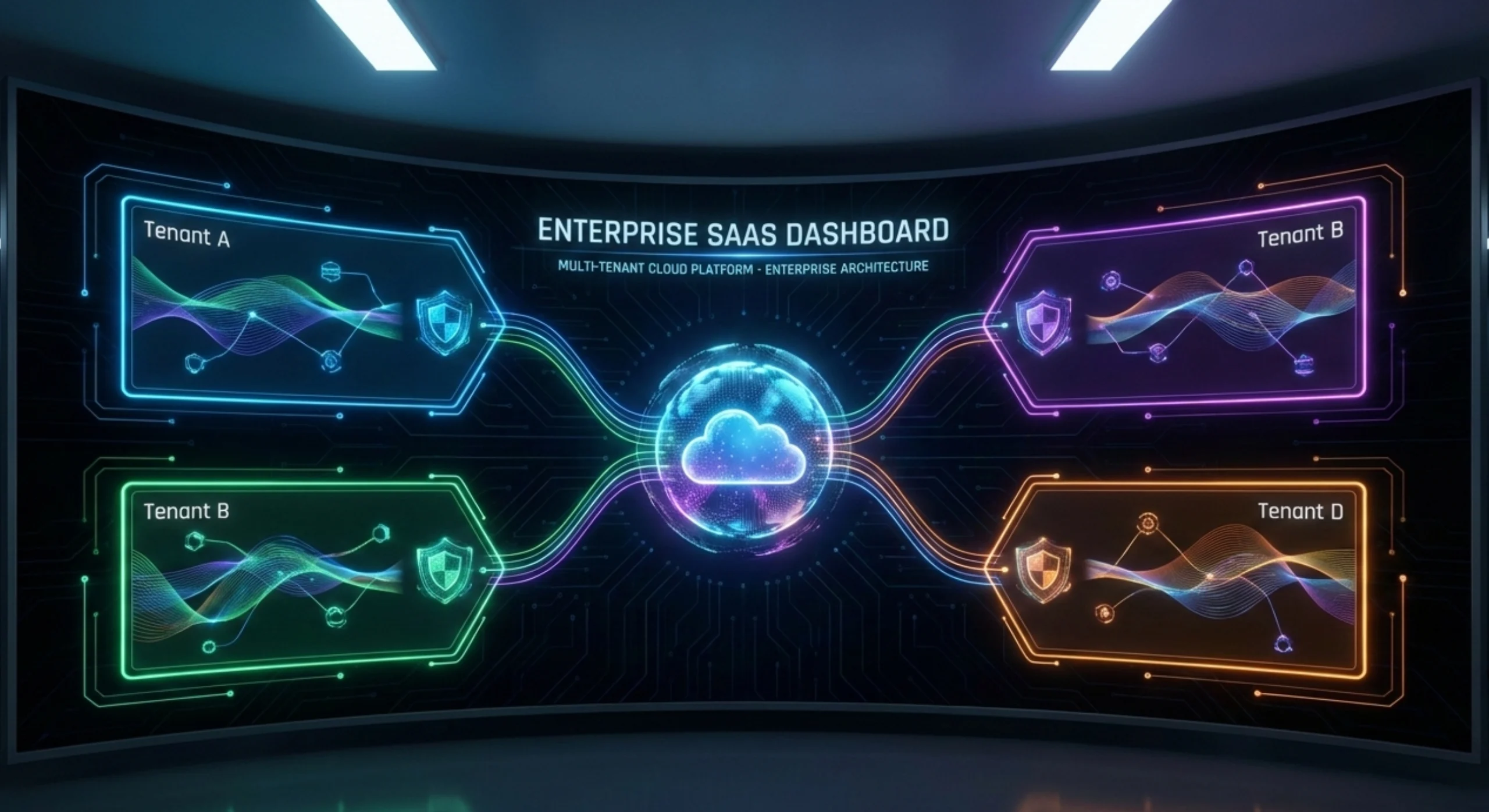 Diagram of a multi-tenant SaaS platform showing isolated customer data on shared infrastructure.