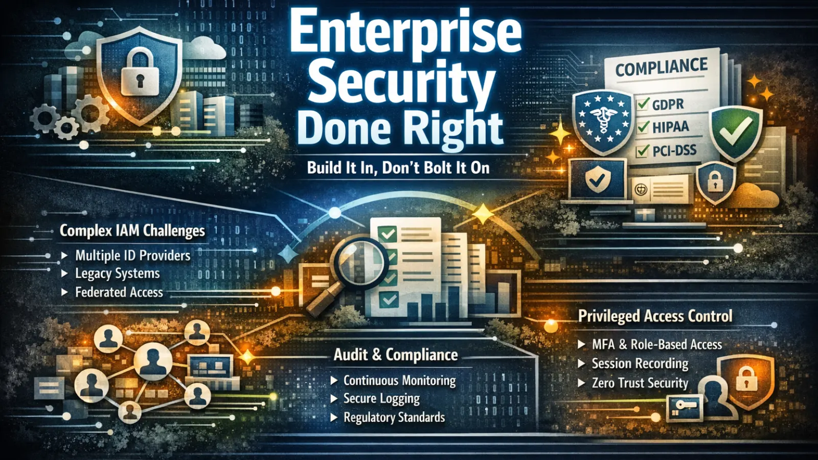 Illustration of enterprise IAM managing multiple users, roles, and access levels.