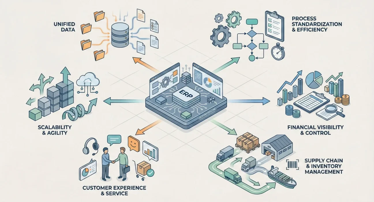 Illustrated diagram showing an ERP system at the center connecting unified data, process standardization, financial visibility, supply chain and inventory management, customer experience, and scalability to support efficient enterprise operations.