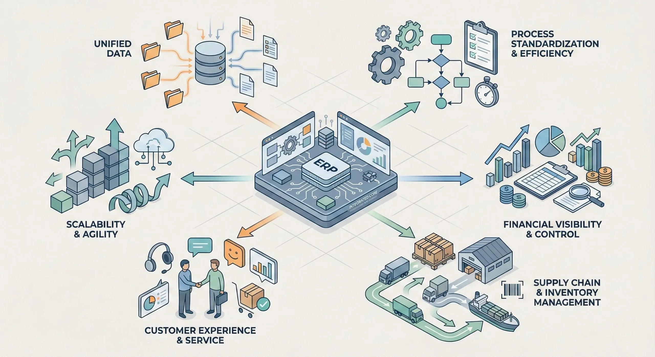 Illustrated diagram showing an ERP system at the center connecting unified data, process standardization, financial visibility, supply chain and inventory management, customer experience, and scalability to support efficient enterprise operations.