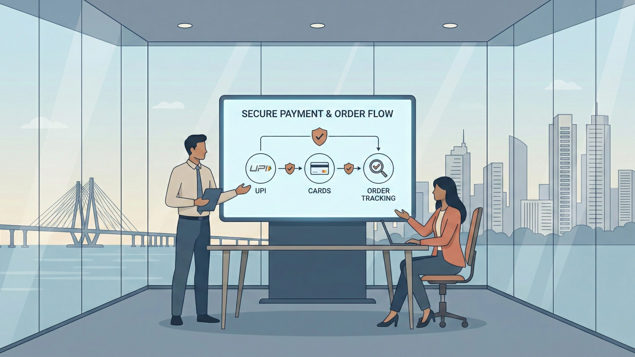 Corporate illustration showing a discussion on secure ecommerce payment and order flow, highlighting UPI, card payments, and order tracking on a presentation screen, with the Mumbai skyline and Bandra–Worli Sea Link visible through glass office walls.