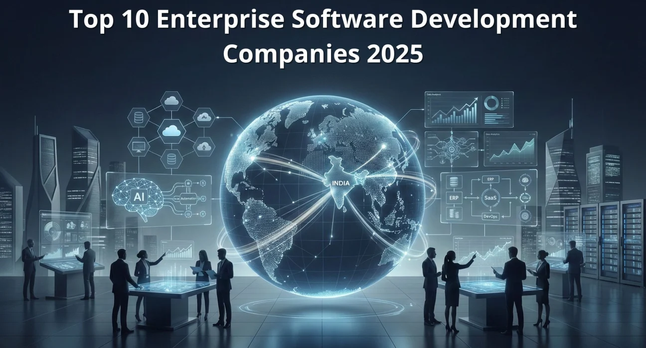 Illustrated enterprise technology scene showing a digital globe with India highlighted at the center, connected to global markets through data lines, surrounded by business professionals reviewing AI systems, cloud architecture, ERP platforms, SaaS solutions, DevOps pipelines, and analytics dashboards, representing enterprise software development companies in 2025.