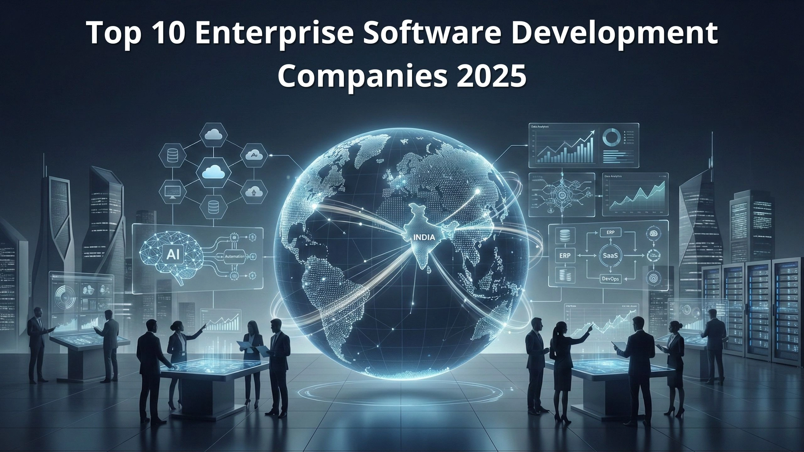 Illustrated enterprise technology scene showing a digital globe with India highlighted at the center, connected to global markets through data lines, surrounded by business professionals reviewing AI systems, cloud architecture, ERP platforms, SaaS solutions, DevOps pipelines, and analytics dashboards, representing enterprise software development companies in 2025.