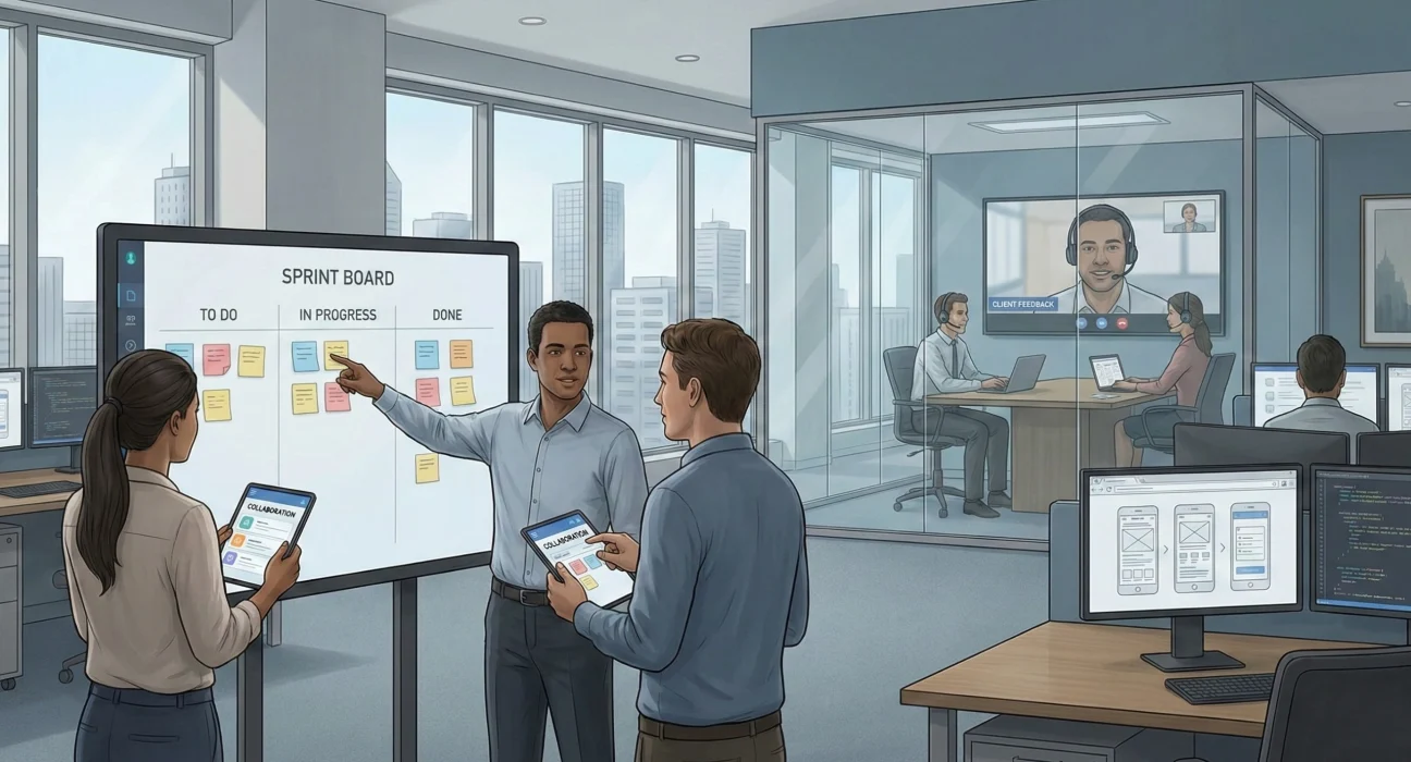 Illustration of a software development team conducting an agile sprint planning meeting using a digital sprint board, with tasks marked to do, in progress, and done, while designers and developers collaborate and join a client feedback call in a modern office environment.