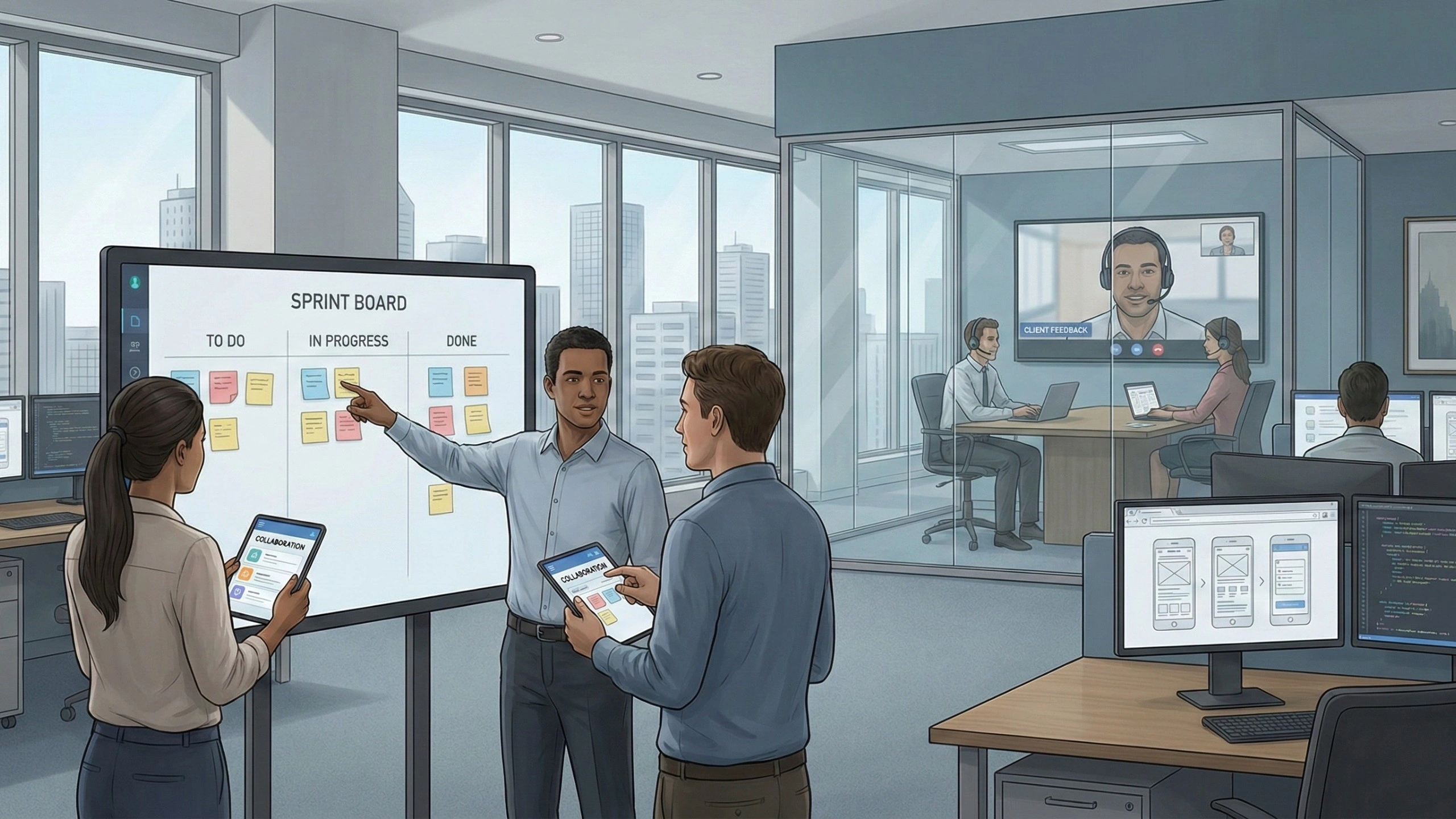 Illustration of a software development team conducting an agile sprint planning meeting using a digital sprint board, with tasks marked to do, in progress, and done, while designers and developers collaborate and join a client feedback call in a modern office environment.