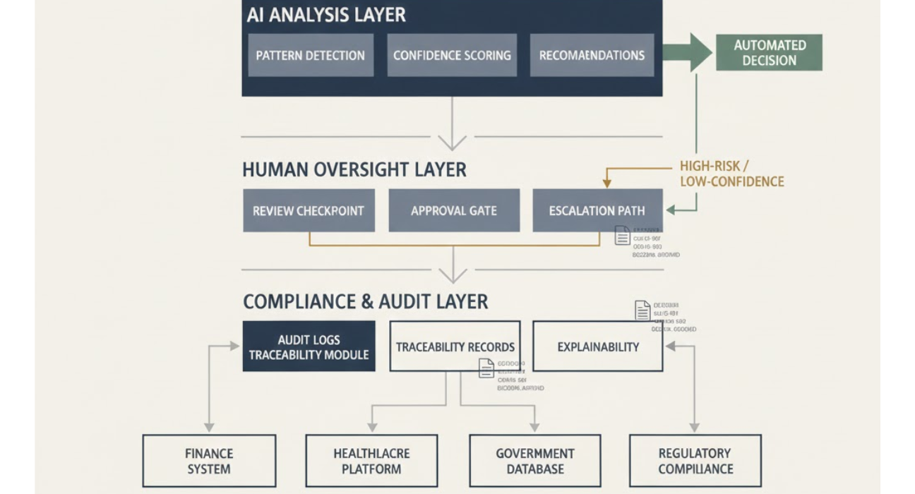 Enterprise AI workflow showing human-in-the-loop decision architecture with confidence-based routing, risk escalation, and full audit trails for regulated operations.