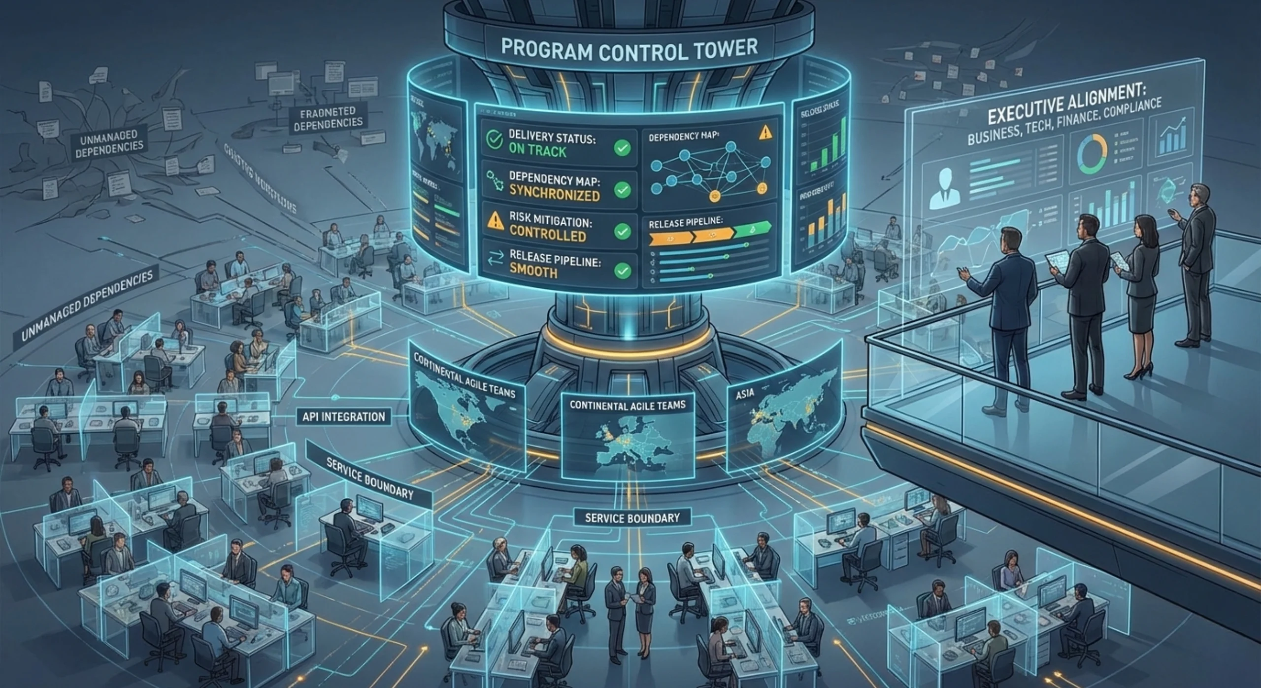 Scaling Agile delivery for large enterprise programs with hundreds of engineers, multiple vendors, shared architecture, and program-level governance