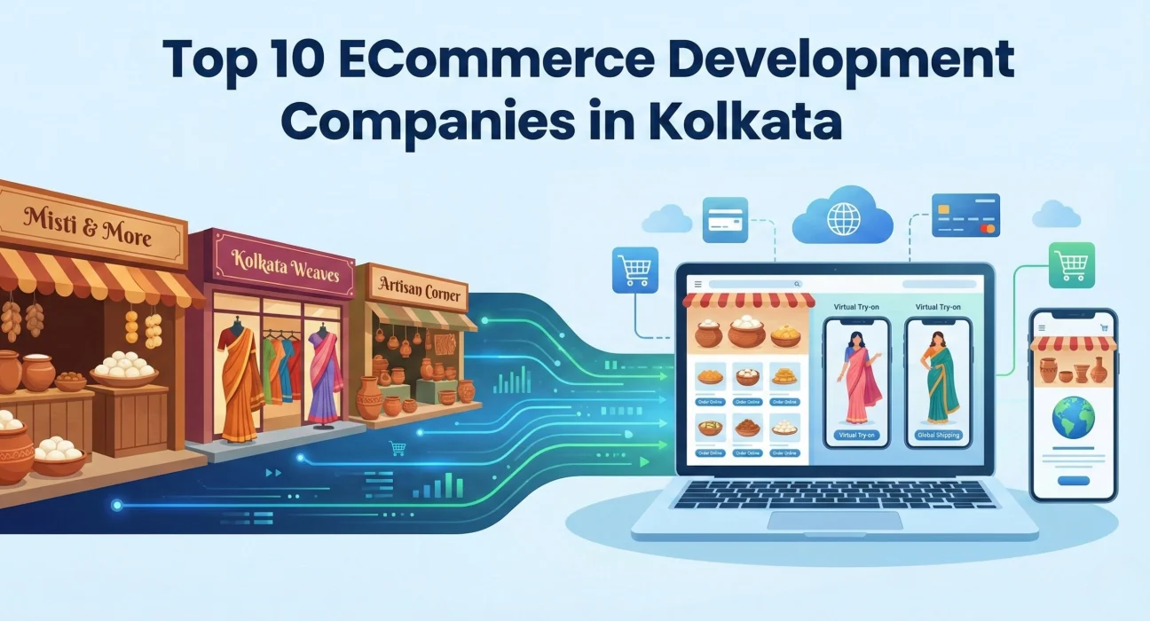 Illustration showing traditional Kolkata shops selling sweets, sarees, and handicrafts transforming into digital eCommerce stores on laptop and mobile screens, with online shopping, cloud, payment, and global shipping icons, representing eCommerce development in Kolkata.