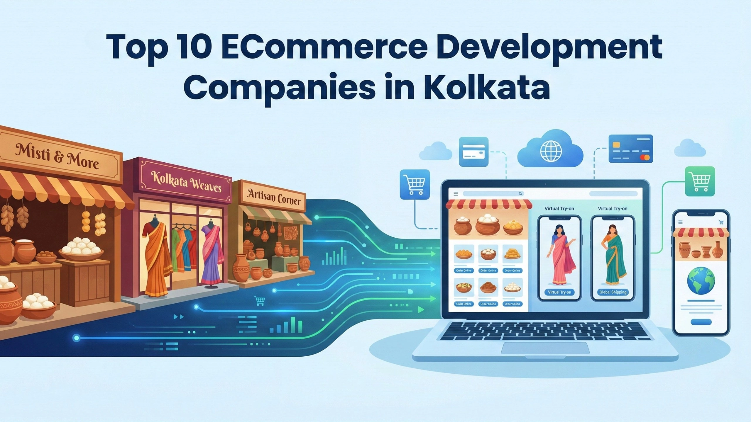 Illustration showing traditional Kolkata shops selling sweets, sarees, and handicrafts transforming into digital eCommerce stores on laptop and mobile screens, with online shopping, cloud, payment, and global shipping icons, representing eCommerce development in Kolkata.