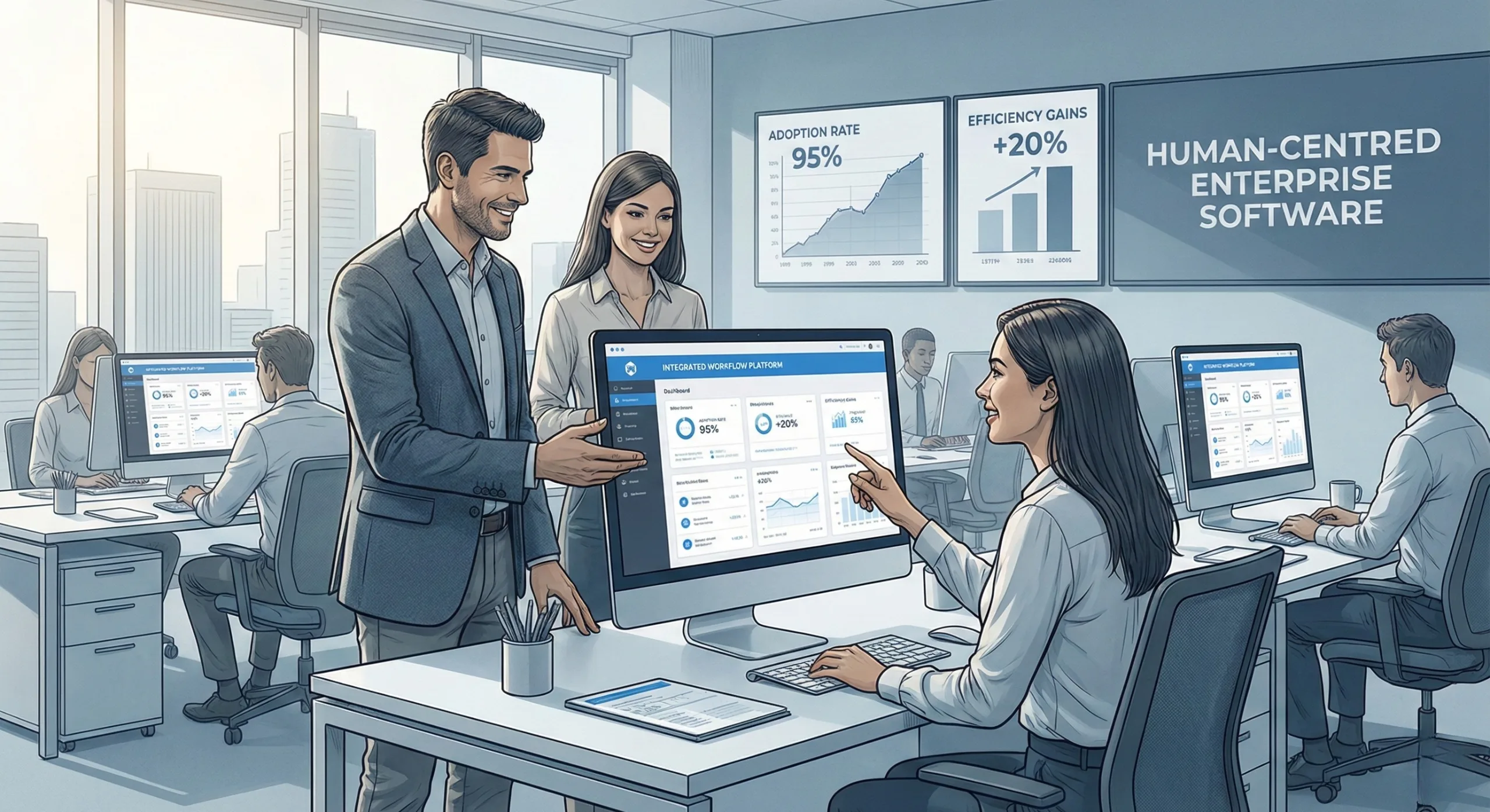 Business users interacting with enterprise software