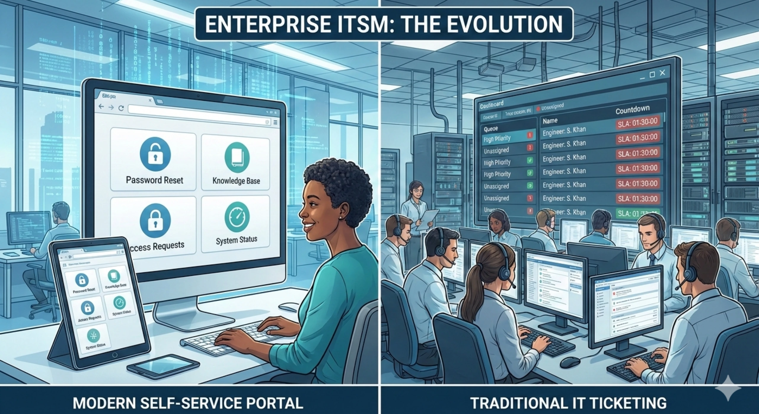 Enterprise self-service portal compared with traditional IT ticketing system