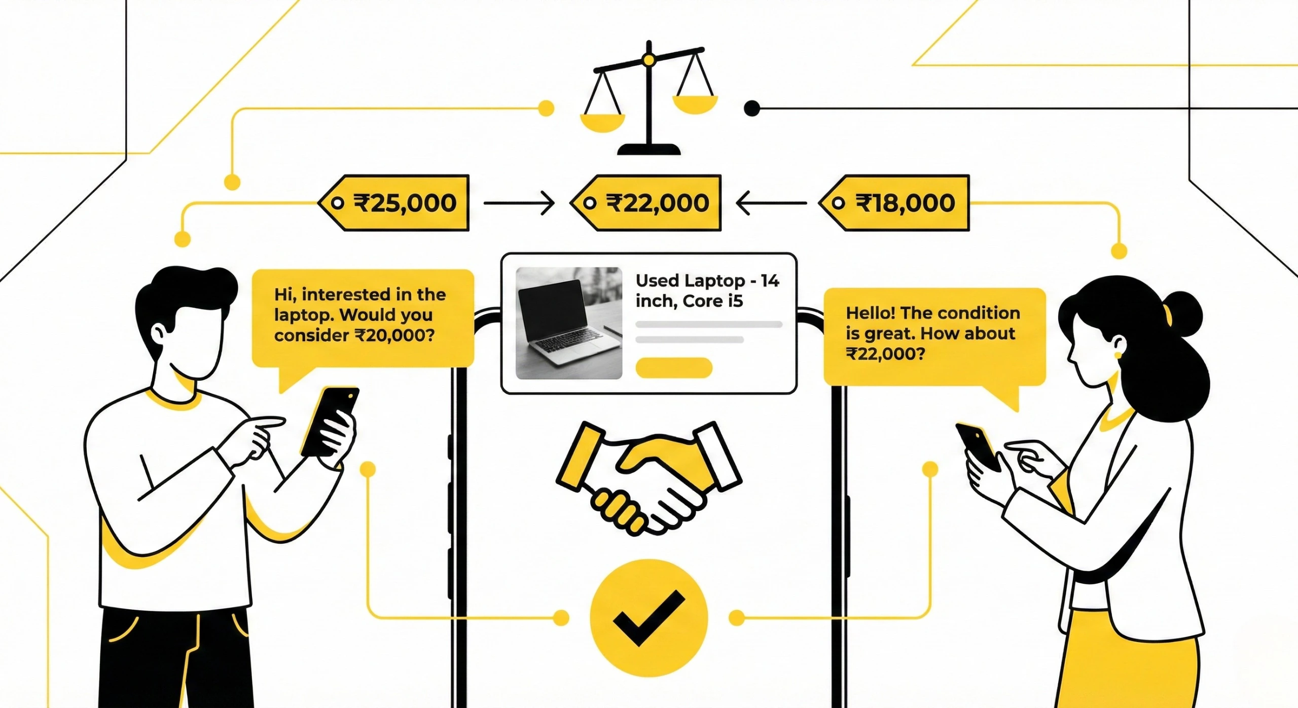 Buyer and seller negotiating prices politely on a local classifieds platform