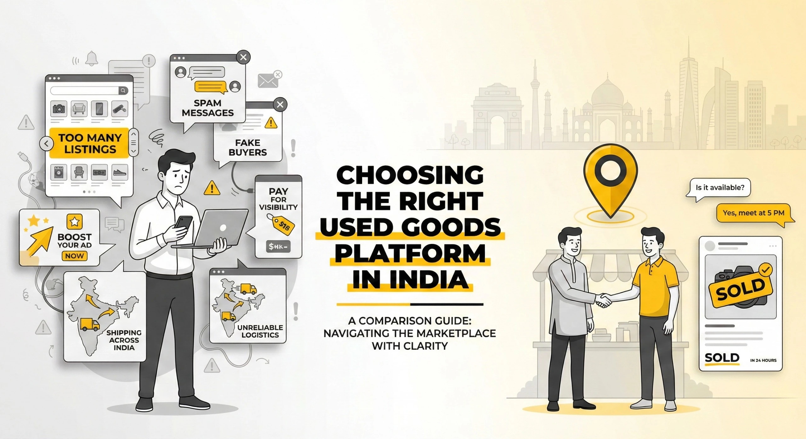 Comparison of used goods platforms in India showing national marketplaces, social media apps, and local classified platforms for faster local selling.