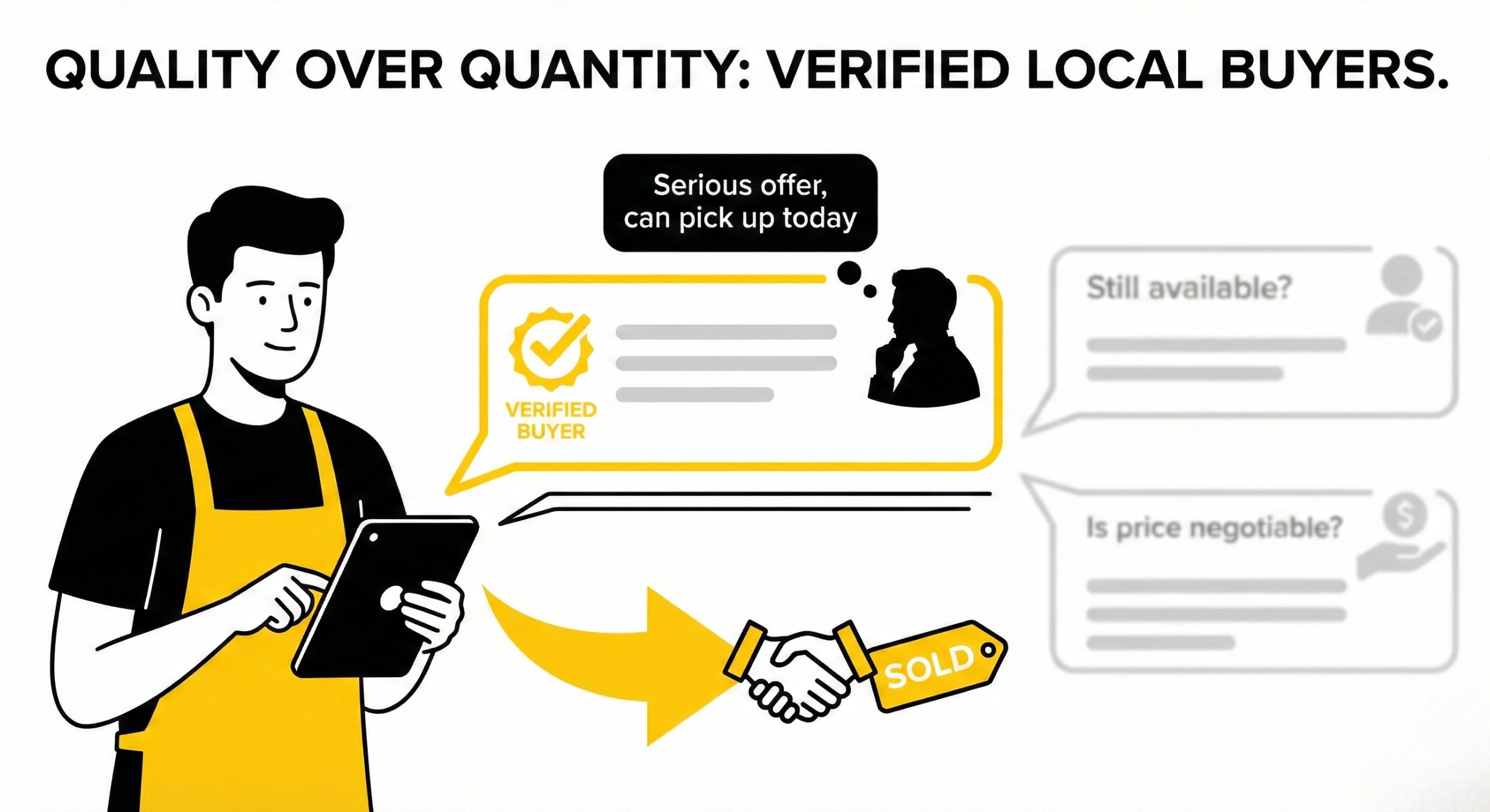 Seller interacting with a genuine local buyer, highlighting trust and efficiency in local classifieds.