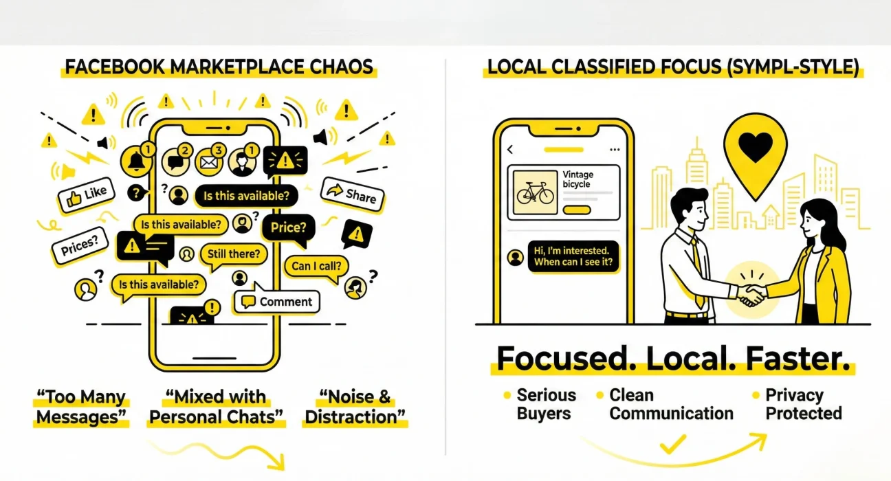 Comparison illustration of Facebook Marketplace vs local classifieds showing cluttered notifications on one side and clean local transaction on the other.