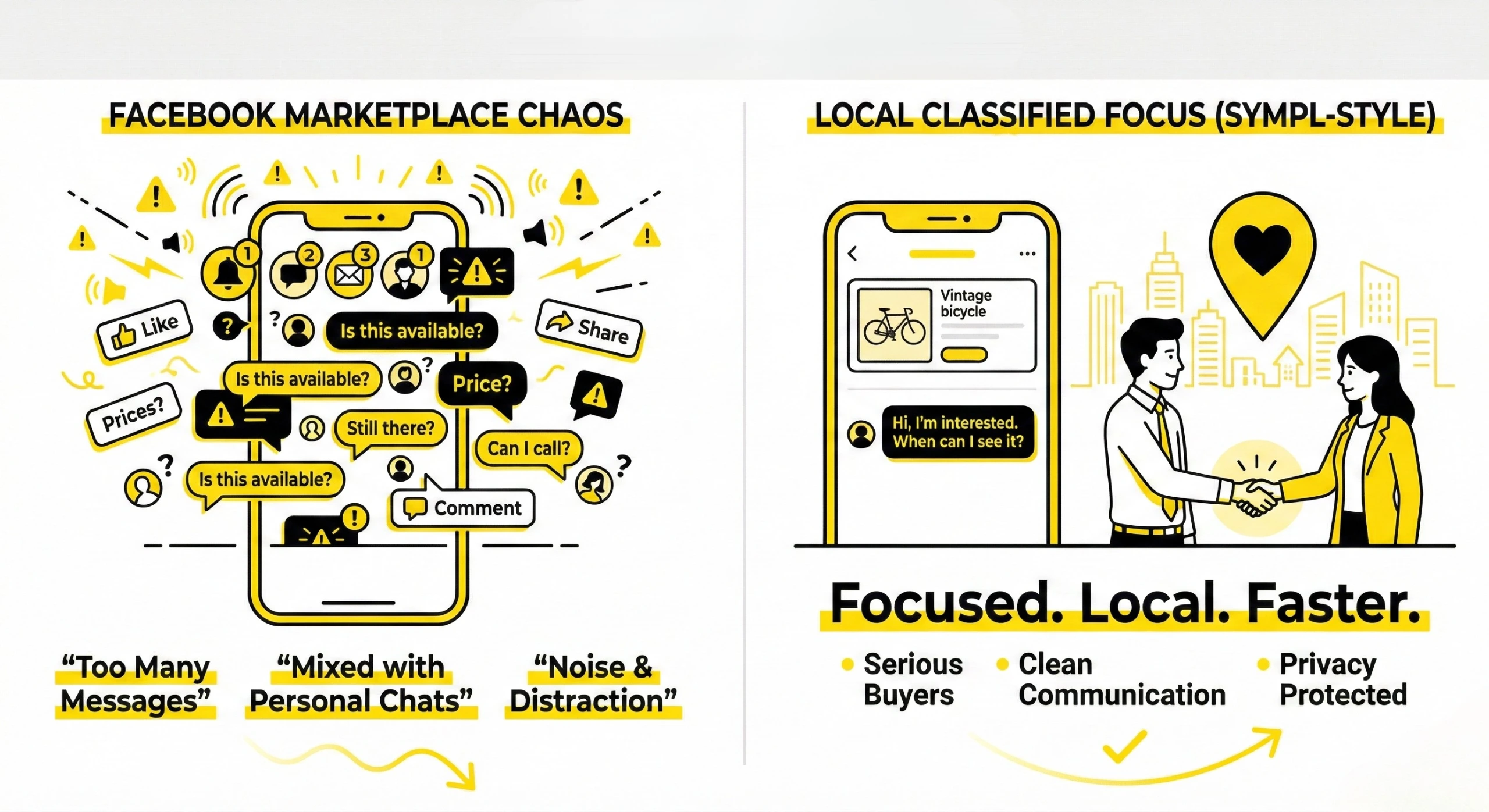 Comparison illustration of Facebook Marketplace vs local classifieds showing cluttered notifications on one side and clean local transaction on the other.