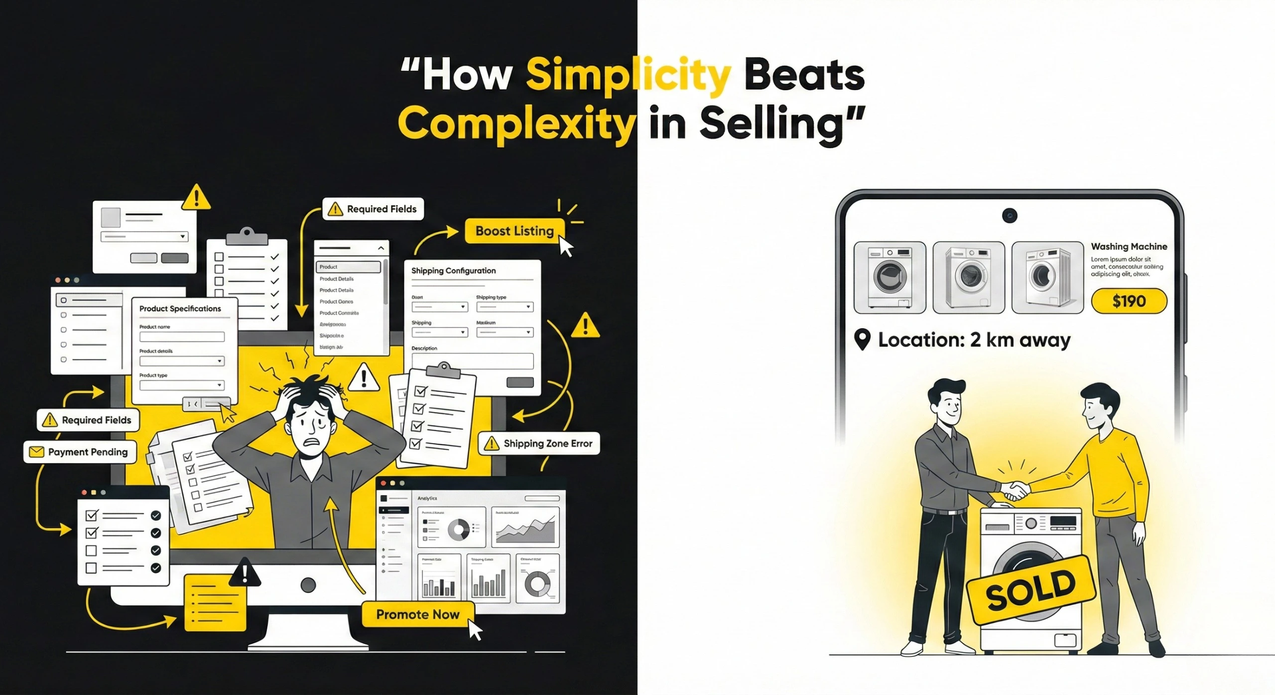 Overwhelmed seller using complex marketplace dashboard compared to simple local classifieds listing on smartphone