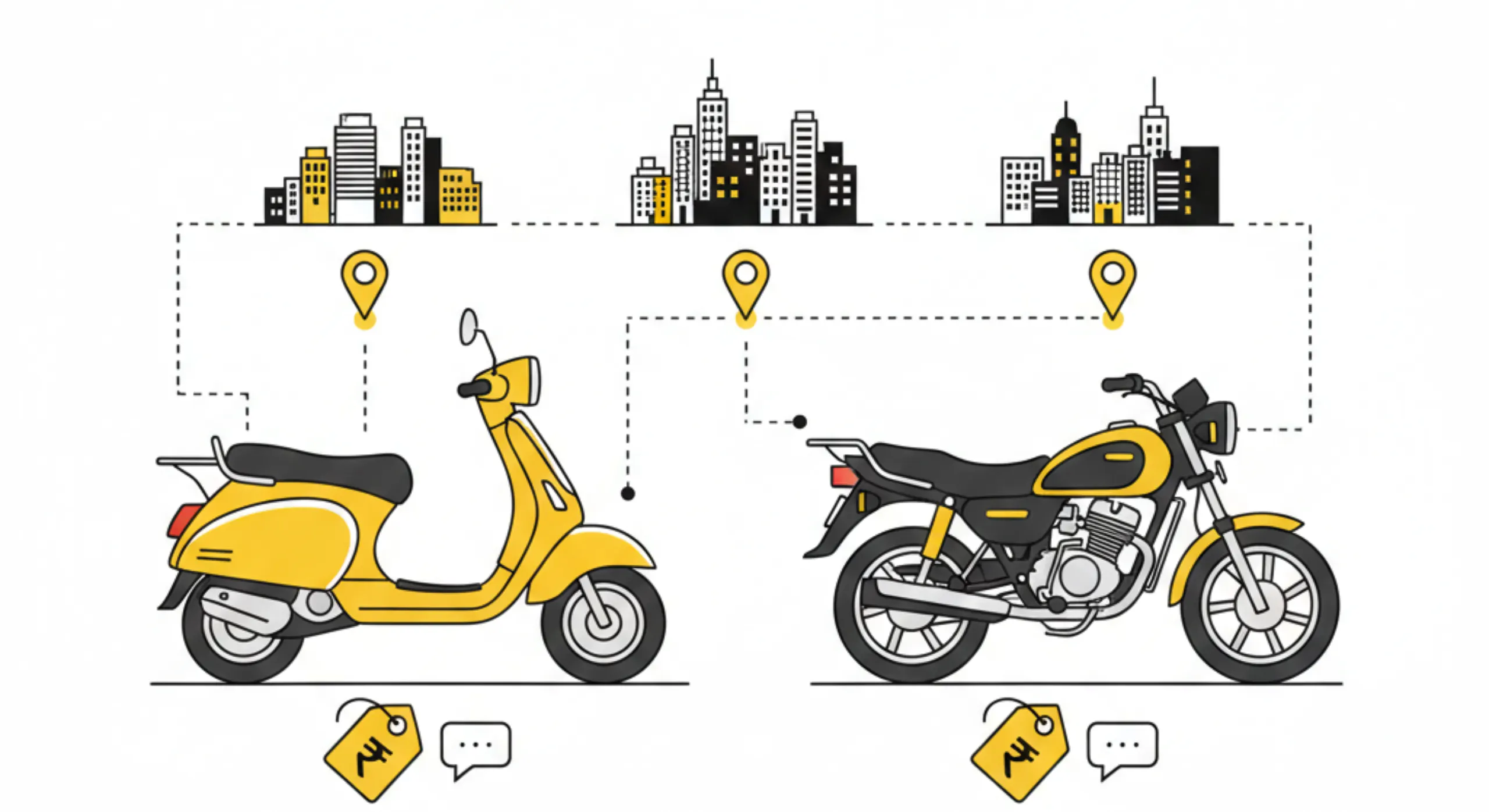 Used bike listings in Indian cities showing local scooter and motorcycle sales