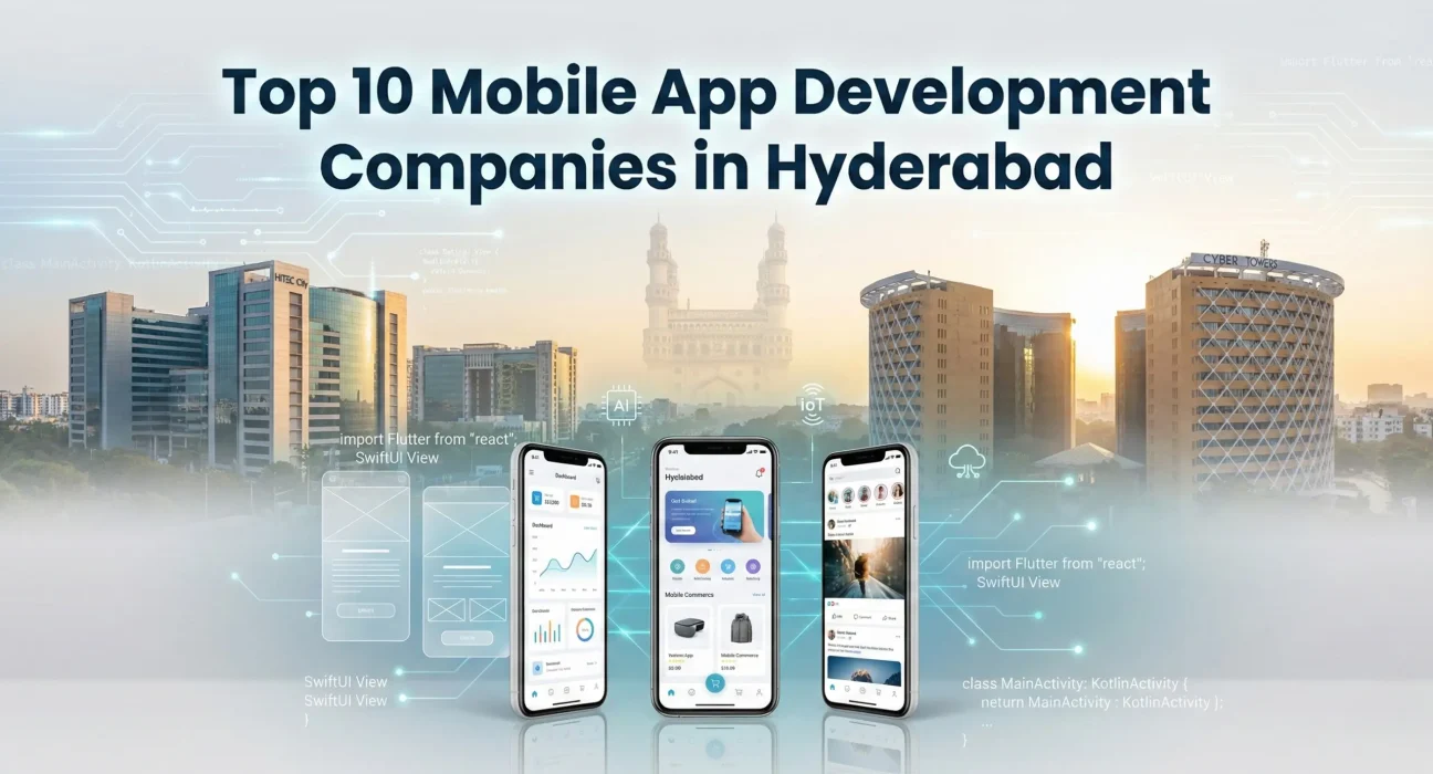 Top 10 mobile app development companies in Hyderabad with HITEC City skyline and smartphone app interface