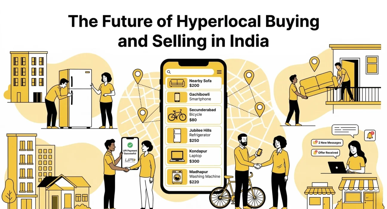Illustration explaining The Future of Hyperlocal Buying and Selling in India where nearby buyers and sellers connect through local classifieds.
