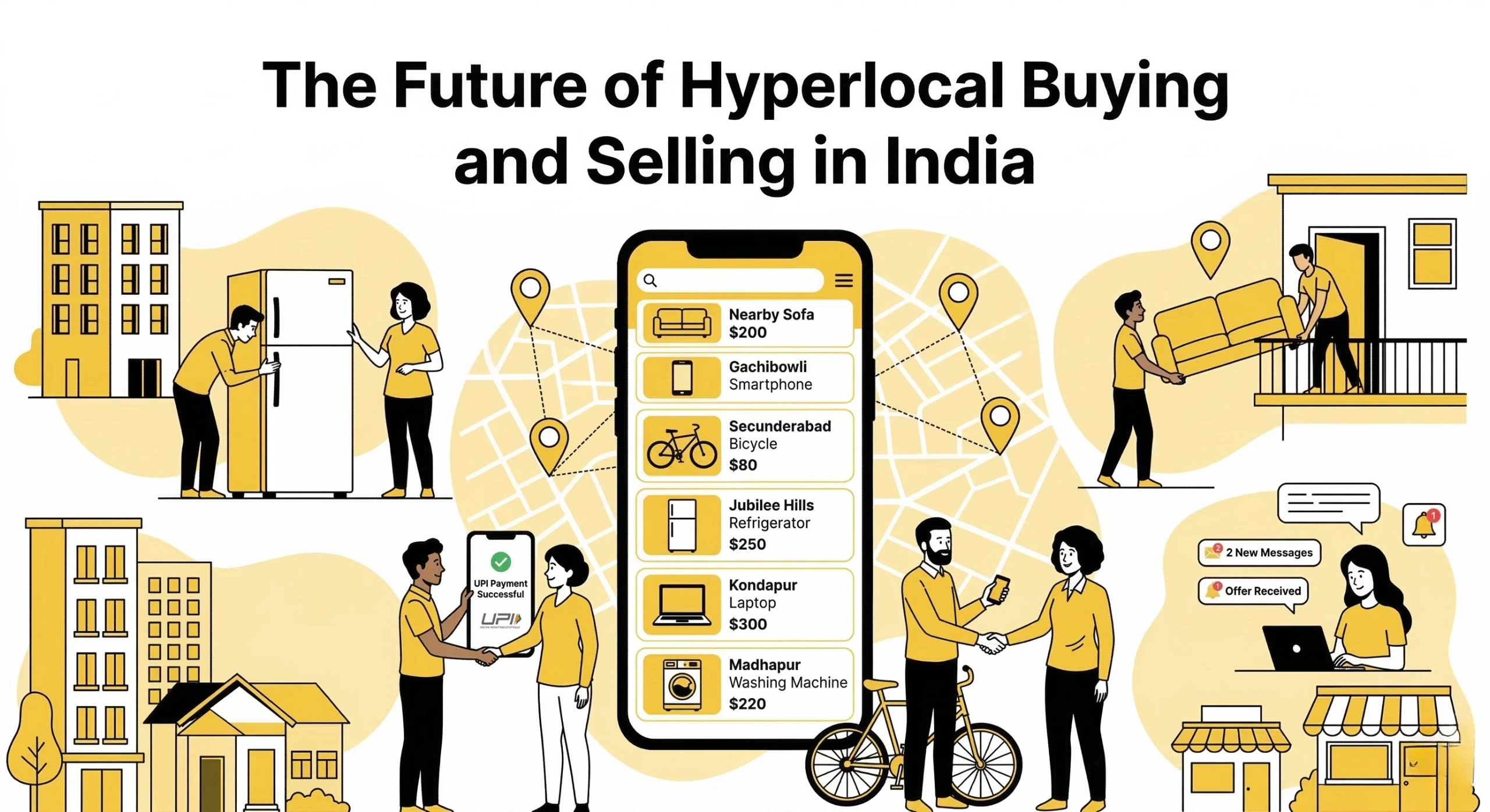 Illustration explaining The Future of Hyperlocal Buying and Selling in India where nearby buyers and sellers connect through local classifieds.