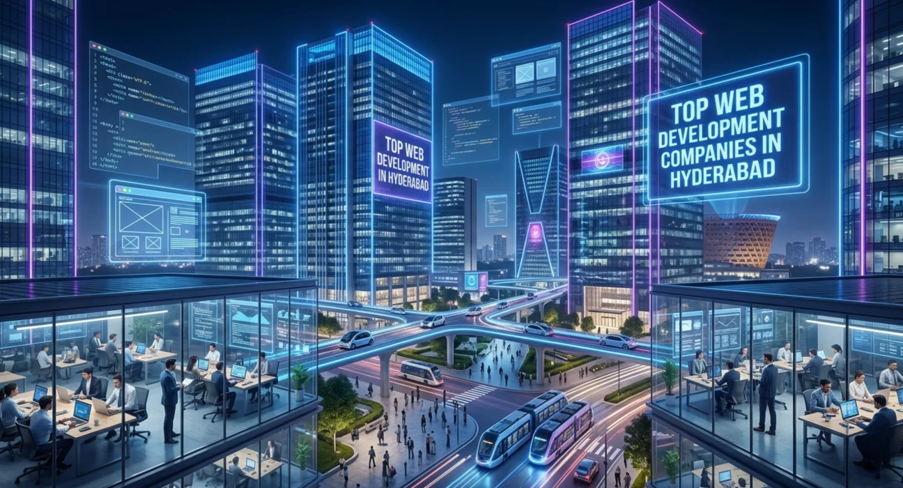 Top 10 Web Development Companies in Hyderabad IT skyline and developers working