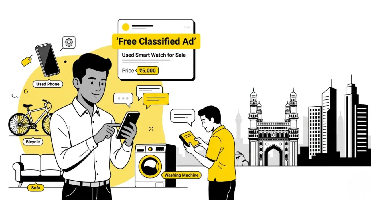 Free classified ad platform showing local buying and selling of used items like phone, sofa and bicycle