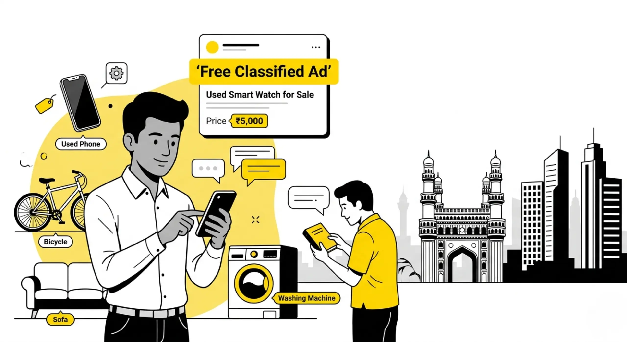 Free classified ad platform showing local buying and selling of used items like phone, sofa and bicycle