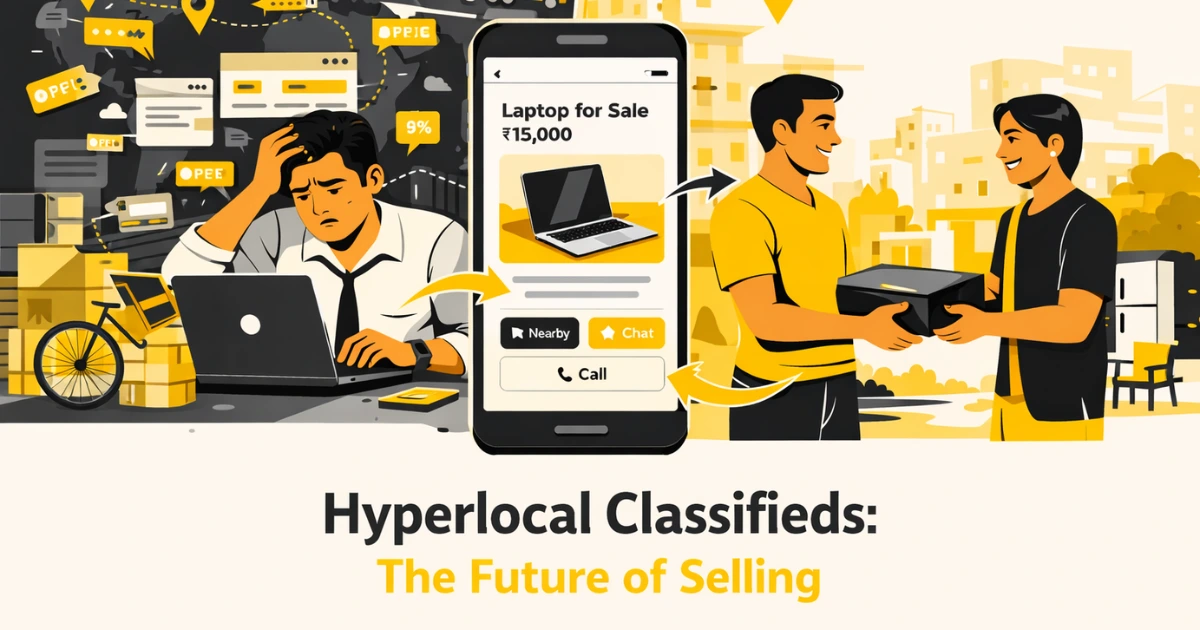 Hyperlocal classifieds in India showing local buying and selling with nearby users and simple transactions without shipping
