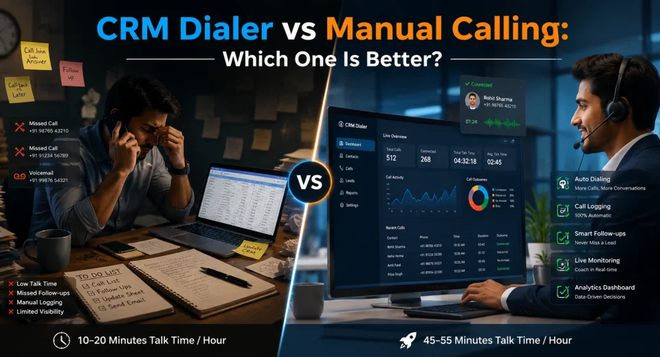 Split-screen illustration comparing manual calling and CRM dialer software. Left side shows a stressed sales agent manually dialing numbers with spreadsheets and sticky notes, while the right side shows a professional sales rep using a CRM dialer dashboard with automation, analytics, and headset support.