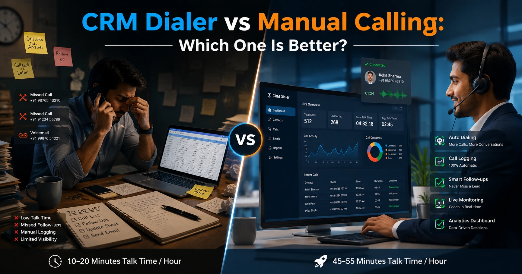 Split-screen illustration comparing manual calling and CRM dialer software. Left side shows a stressed sales agent manually dialing numbers with spreadsheets and sticky notes, while the right side shows a professional sales rep using a CRM dialer dashboard with automation, analytics, and headset support.