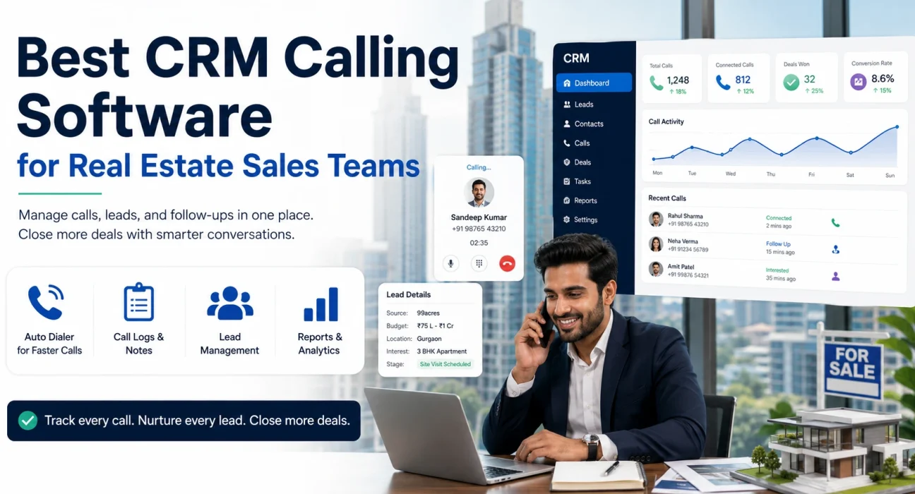 Real estate sales professional using CRM calling software with dashboard showing call analytics, lead management, auto dialer features, and property sales tracking tools.