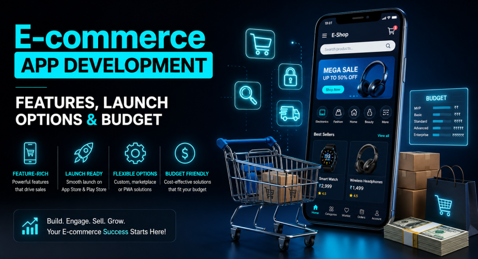 E-commerce app development featuring a mobile shopping app, cart, secure payments, launch options, and budget planning