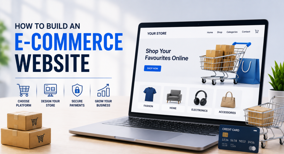 E-commerce website development banner showing an online store on a laptop with shopping cart, products and secure payment icons.