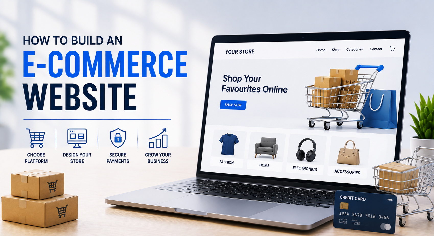 E-commerce website development banner showing an online store on a laptop with shopping cart, products and secure payment icons.