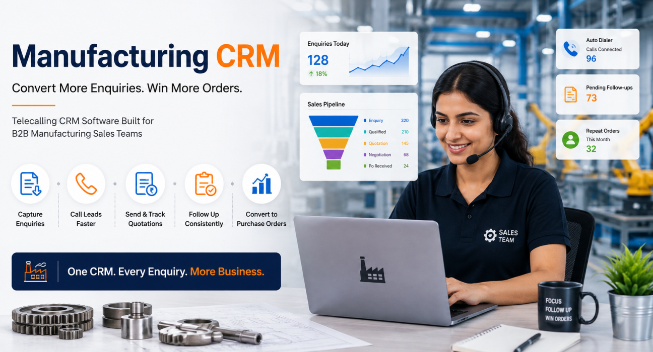 Manufacturing CRM helping B2B sales teams manage enquiries, quotations, follow-ups, and purchase orders.