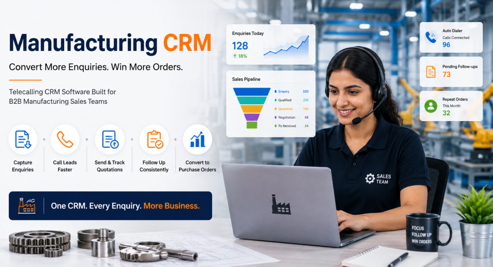 Manufacturing CRM helping B2B sales teams manage enquiries, quotations, follow-ups, and purchase orders.