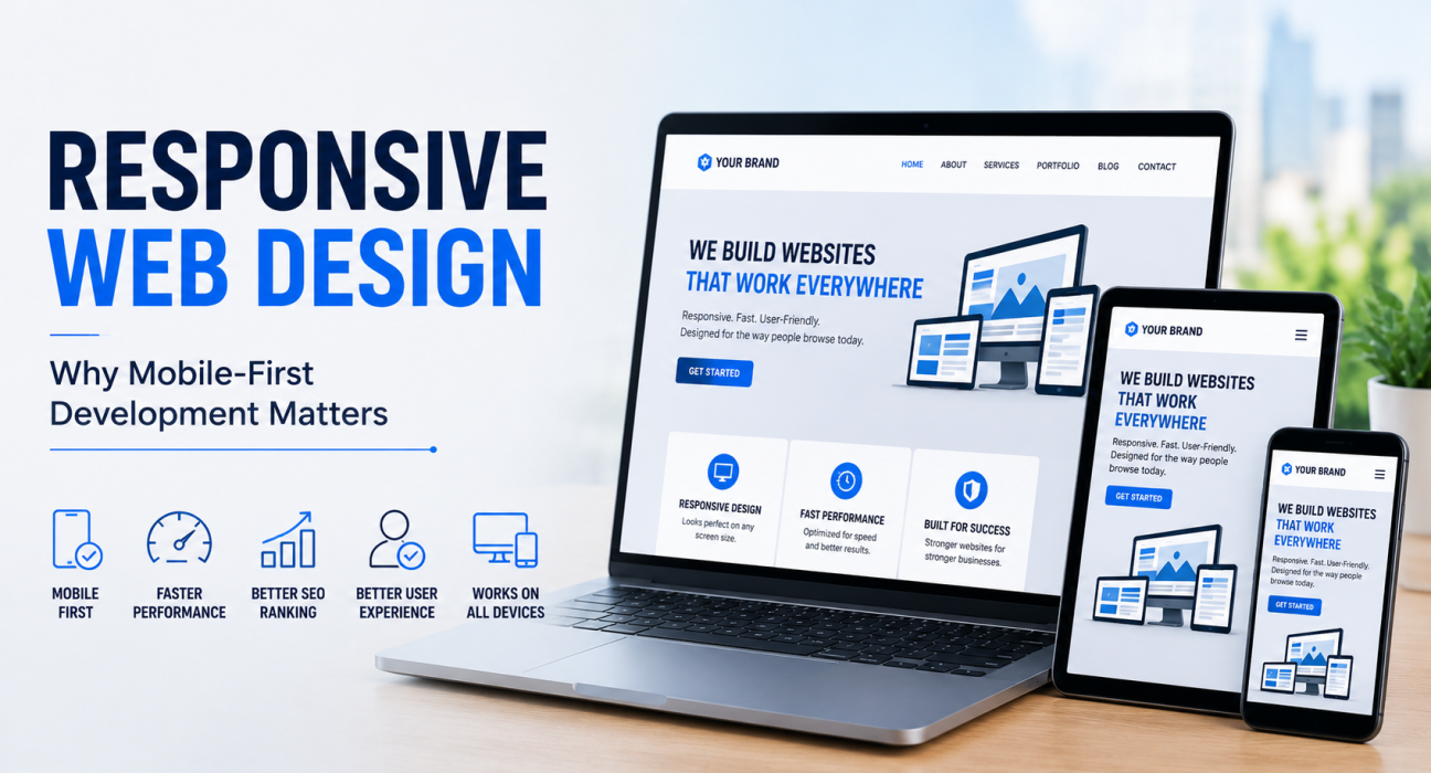 Responsive web design banner showing a website adapting across desktop, tablet and mobile devices.
