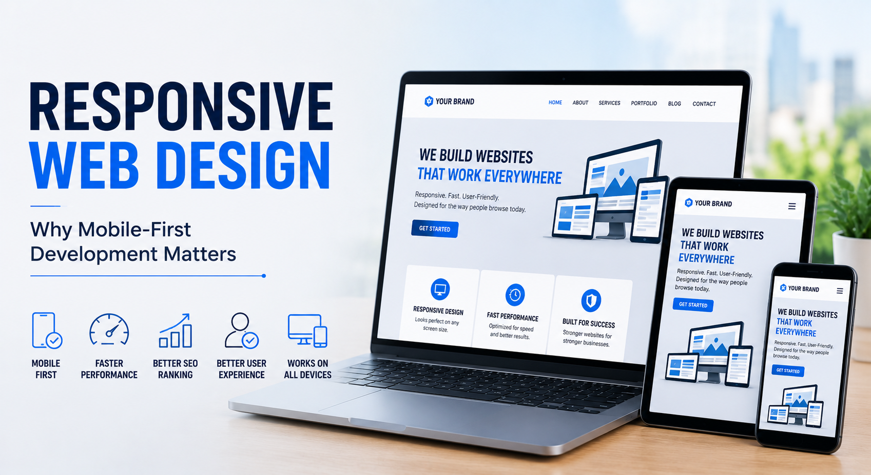 Responsive web design banner showing a website adapting across desktop, tablet and mobile devices.