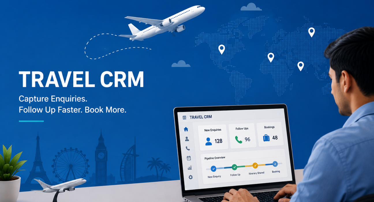 Travel CRM dashboard helping travel agents manage enquiries, follow-ups, itineraries, and bookings