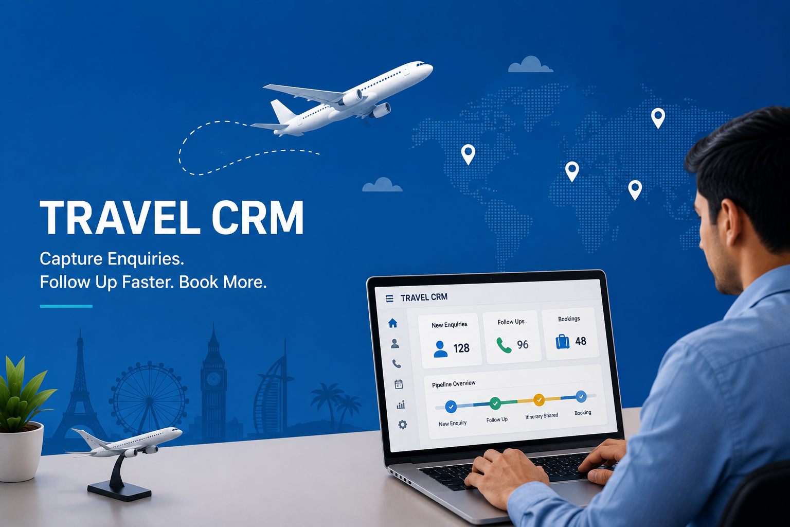 Travel CRM dashboard helping travel agents manage enquiries, follow-ups, itineraries, and bookings