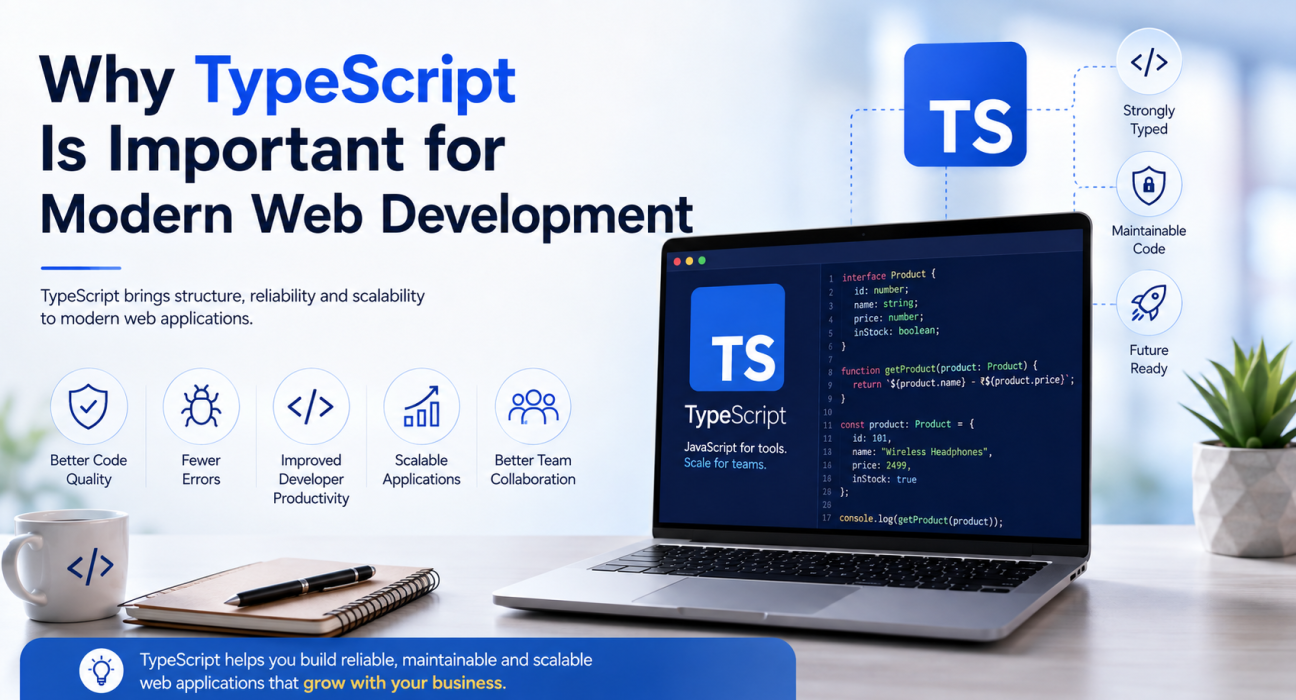 TypeScript web development banner showing a laptop with TypeScript code and benefits such as scalability, code quality and productivity.