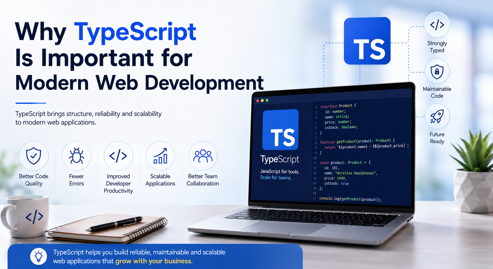 TypeScript web development banner showing a laptop with TypeScript code and benefits such as scalability, code quality and productivity.