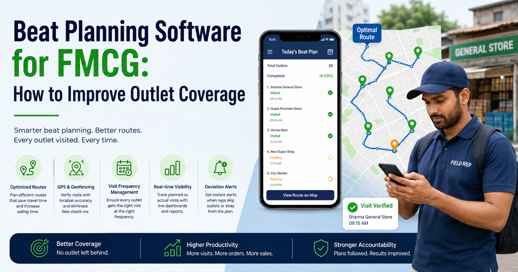 Beat planning software for FMCG with optimized routes, GPS tracking, geofencing, and real-time outlet coverage monitoring
