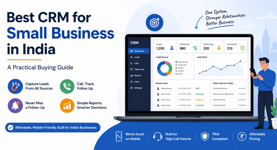 CRM dashboard for small businesses in India showing lead management, call tracking, follow-up reminders, and sales reports