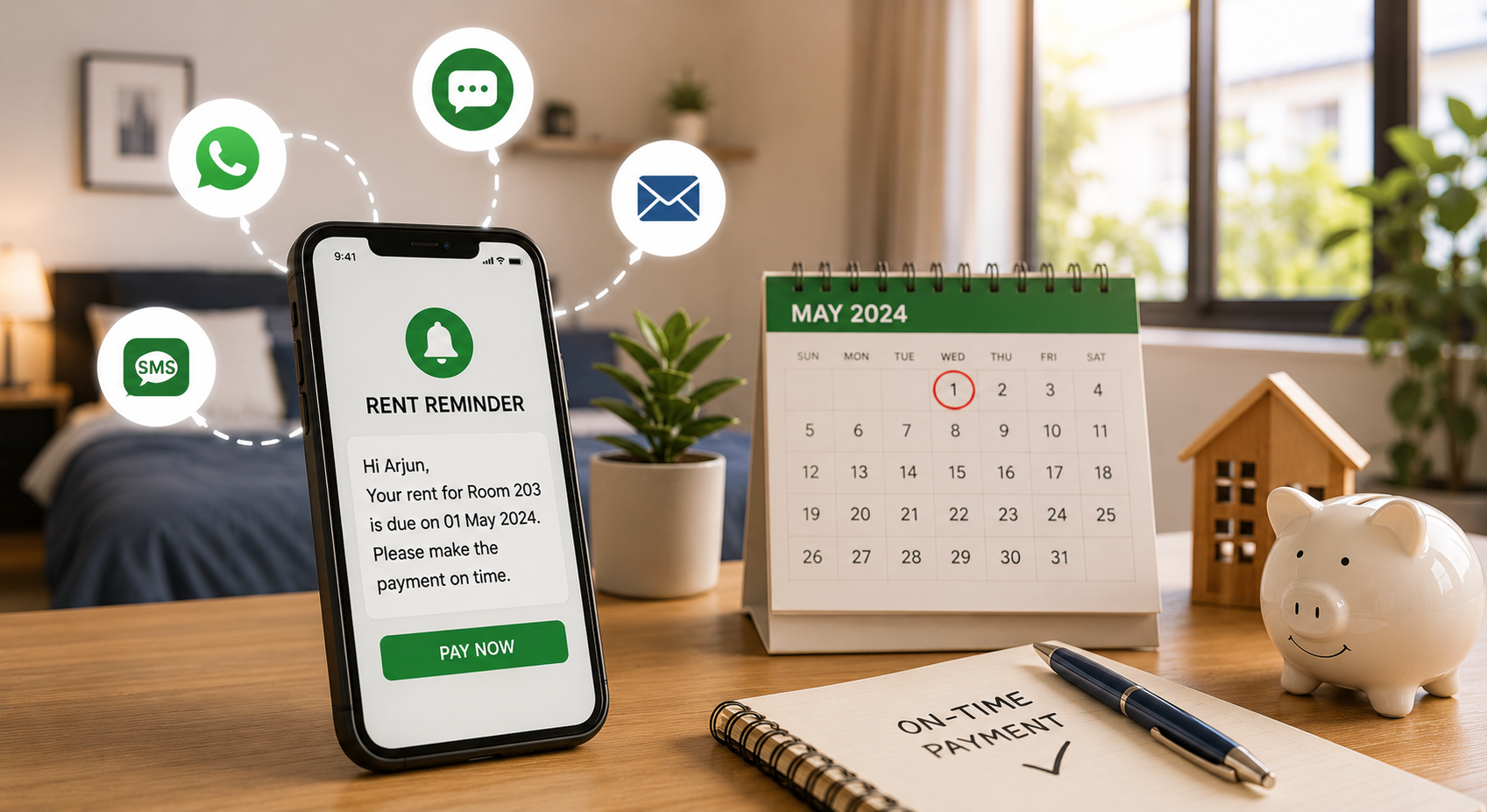 Automatic PG rent reminders helping owners track rent payments and reduce manual follow-ups