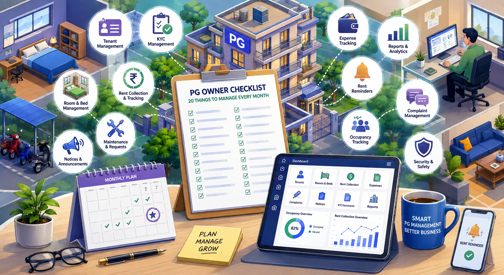 PG owner checklist for managing tenants, rooms, rent, expenses, maintenance, complaints, occupancy, and monthly operations