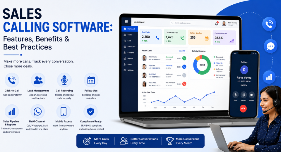 Sales calling software with CRM dashboard, call tracking, and follow-up features
