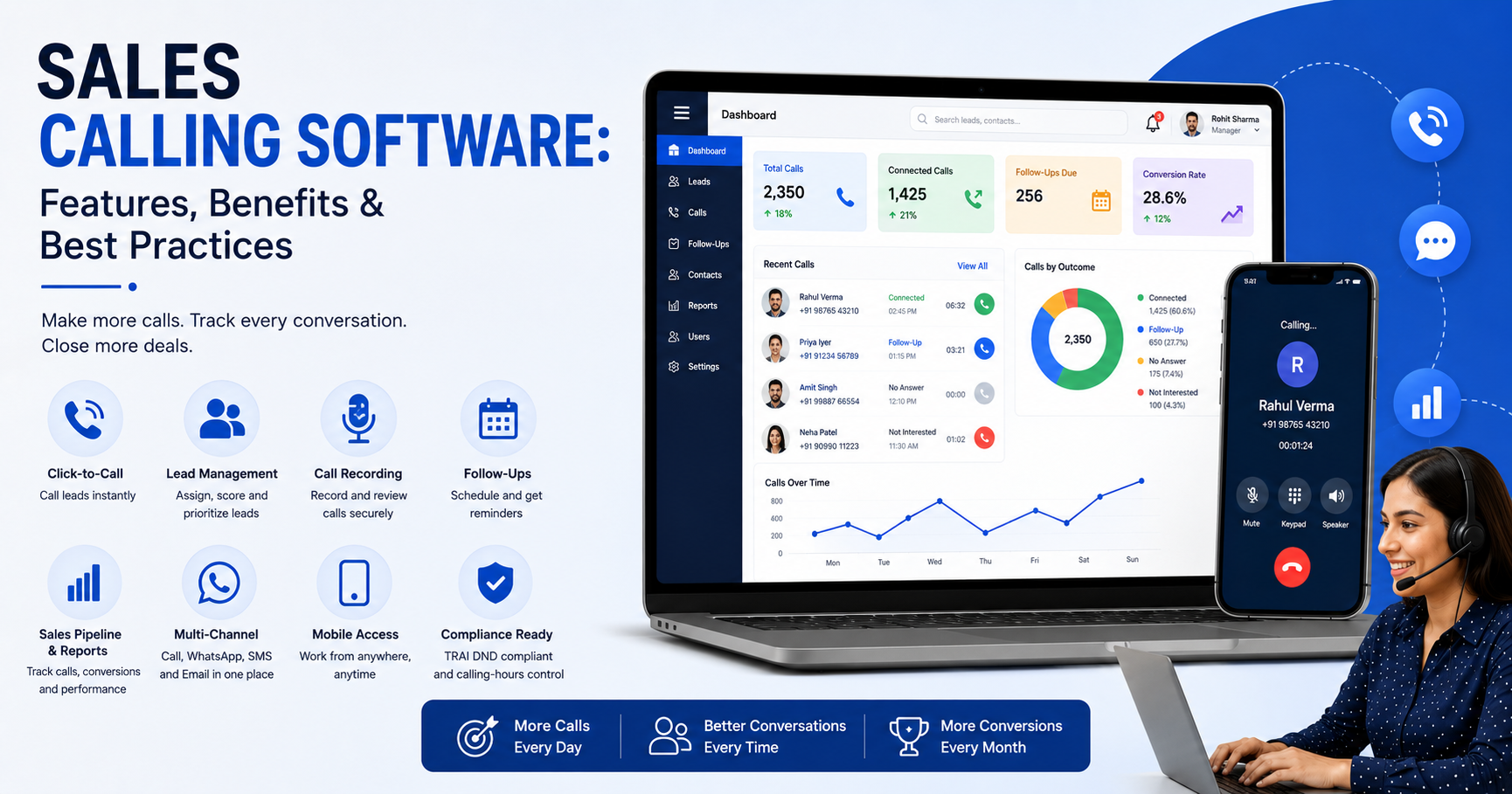 Sales calling software with CRM dashboard, call tracking, and follow-up features