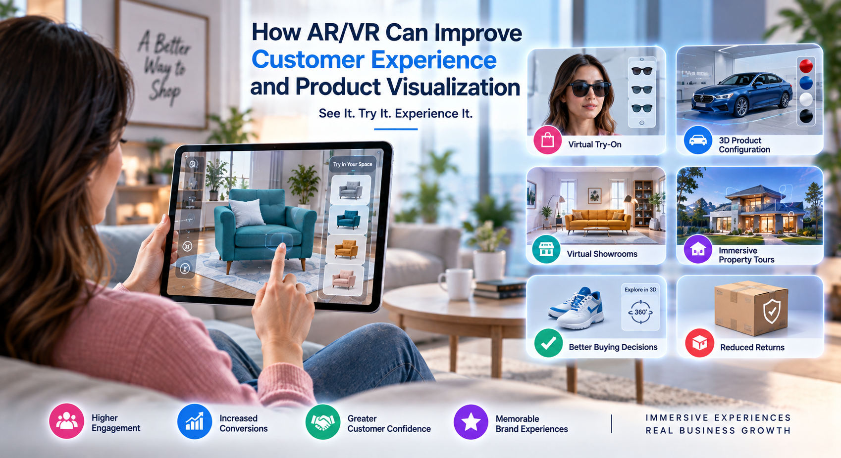 AR/VR improving customer experience through 3D product visualization, virtual try-ons, and immersive shopping experiences.